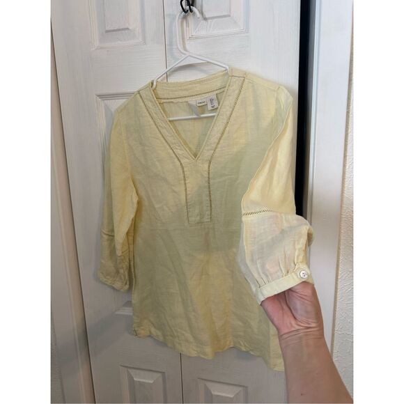 Joie Embroidered V-Neck 3/4 Sleeve 100% Linen Top Yellow Size Small - Picture 2 of 7